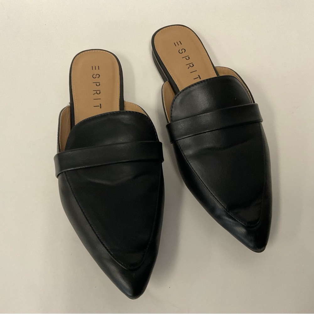 Esprit Jade Black Faux Leather Pointed Toe Open Back Flats Slip On Size …